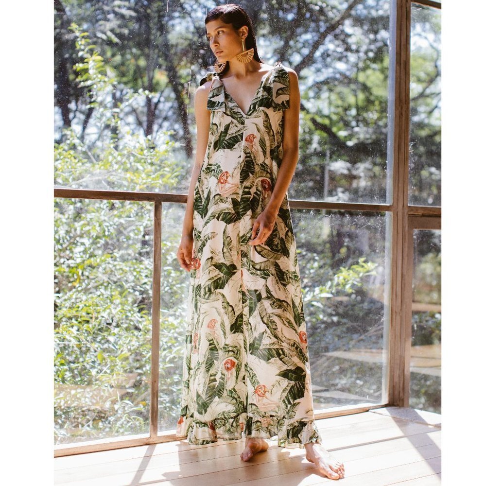 Adriana Degreas x Cult Gaia Tropical Print Crepe Maxi Dress in Green Medium